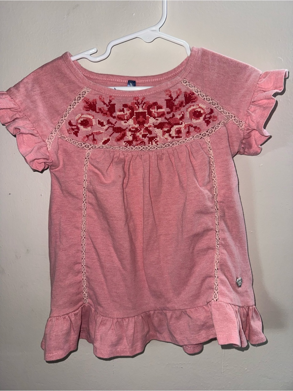 Girls' Pink Embroidered Ruffle Sleeve Tee